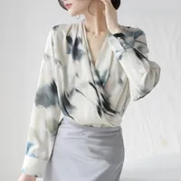 Women's Blouses Satin Shirt For Women Summer 2023 In French Print Casual Slim Fit Fashion Long Sleeve Top Silk V-neck Folds