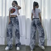 Women's Jeans Print High Waisted Woman Street Vintage Hip Hop Baggy Women Clothing Casual Straight Wide Leg Pants