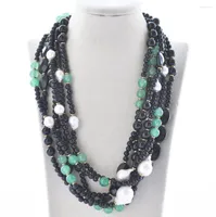Chains Z10665 6Row 22" 22mm White Drip Keshi Pearl Green Jade Black Agate Necklace