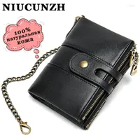 Wallets NIUCUNZH Men Women Genuine Leather Wallet Card Holder For Male Female Zipper With Chain Coin Purse Keychain Snap