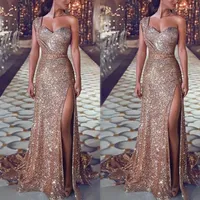 Casual Dresses Summer Sexy One Shoulder Party Dress Women Sleeveless High Slit Shiny Gowns Vestidos De Mujer Sequin Floor-Length Evening