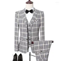 Men's Suits Men Wedding 2023 Elegance Plaid 3 Pieces Suit Coat Trousers Set   Male Business Casual Tuxedo Formal Blazers Jacket Pants Vest