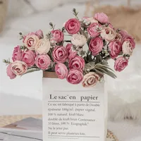 Rose Pink Silk Bouquet Peony Artificial Flowers 5 Big Heads 4 Small Bud Bride Wedding Home Decoration Fake Flowers Faux P230331