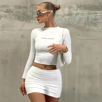 Work Dresses Fashion Letter Print Solid Turtleneck Long Sleeve Sexy Slim Crop Top Skirts 2 Pcs Set 2023 Fall Casual Clothes Streetwear Party