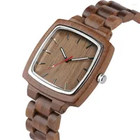 Wristwatches Luxury Coffee Brown Walnut Wooden Men Watches Quartz Movement Simple Square Dial Stylish Men's Wood Bangle Male Timepiece