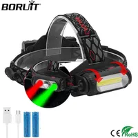 BORUIT COB T6 LED Headlamp XPE Green Red Light Headlight 8- Mode USB Charger 18650 Head Torch Camping Hunting Frontal Lantern P082278p