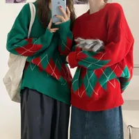 Women's Sweaters Harajuku Korean Style Christmas 2023 Autumn Winter Women Clothing Fashion Vintage Diamond Plaid Knitted Sweater