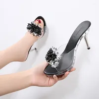 Slippers Heel Transparent Crystal Bottom Pearl Rhinestone Summer Sandals Female 9 Cm Ladies High Heels Sexy Women's Shoes Black