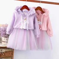 Cute Long Sleeve HoodiewithSkirt 2Pcs Baby Girl Clothing Sets Christmas Party Rainbow Mesh Tutu Princess Girls Skirt Suits P230331