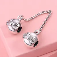 Solid 925 Sterling Silver Bow with Clear CZ Clip Safety Chain Charm Fits European Pandora Style Jewelry Bead Bracelets
