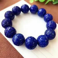 designer bracelet Strand Genuine Natural Royal Blue Lapis Lazuli Stone Craved Round Big Beads Women Man Stretch Bracelet 19mm Certificate
