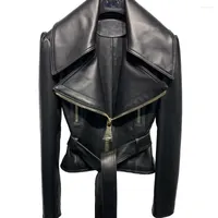 Women's Leather YOLOAgain 2023 Real Jacket Women Black Slim With Belt Ladies
