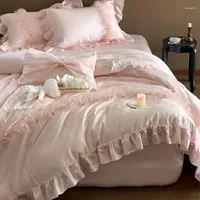 Bedding Sets Pink 600TC Eucalyptus Lyocell Soft Silky Wedding Set Flowers Embroidery Ruffles Duvet Cover Bed Sheet Pillowcases