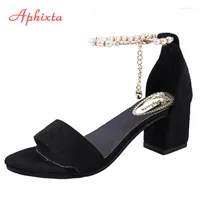 Sandals Aphixta String Bead Summer Women Chain Square Heel Buckle Strap Cover Flock Party Shoes Plus Big Size 41 42 43