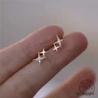 Stud 925 Sterling Silver Japanese Micro Inlaid Crystal Four-Pointed Plating 14k Gold Earrings Women Small Cute Banquet Jewelry