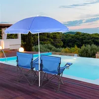 Chaise de pique-nique pliante double portable avec table de parapluie et chaise de camping de plage bleue