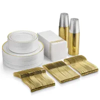 POPTOP 350-teiliges goldenes Geschirr-Set – 100 Plastikteller mit Goldrand – 50 goldenes Plastikbesteck – 50 goldene Plastikbecher – 50 Leinen wie Gold