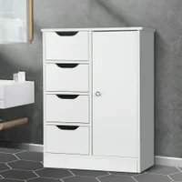 Armoire de sol de salle de bain en bois Organisateur de rangement d'armoire debout avec 4 tiroirs et 1 armoire étagère réglable blanc