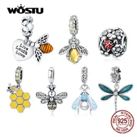 Charms WOSTU 925 Sterling Silver Delicate Colorful Bee Dragonfly Pendants Animal Charm Beaded Fit Original Bracelet Bangle DIY Jewelry 230506