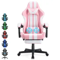 Silla de juego Pink Pink Ferghana con reposapiés, sillas de oficina ergonómicas y reposacabezas de almohada lumbar de masaje, silla de jugador de juego de cuero giratorio, alfiler