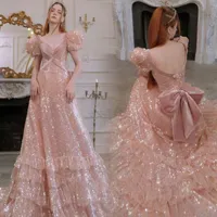 Sparkly Pink Long Prom -jurk voor zwarte meisjes Sequine Ruches Backless Formele verjaardagsfeestjesjurken Robe de Soiree Vestidos Festa Guestfeest Draag plus size zelfs jurk