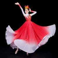Trajes clássicos de performance de dança, traje de dança de estilo chinês elegante feminino, competição de canções vermelhas do grande coral, saia longa, novo estilo étnico