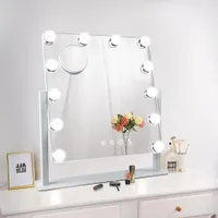 Espejo de tocador de maquillaje iluminado con 12 bombillas LED regulables, espejos cosméticos para iluminación de 3 colores, aumento de 10X, giratorio, control táctil