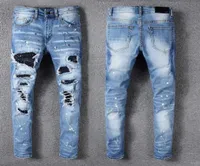 Jeans de lujo para hombre Rhinestone Crystal Patchwork Light Blue Ripped Jeans Skinny Stretch Denim Pants Hip Hop Men6222427