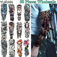 Temporary Tattoos YURAN 50 Pieces Wholesale Long 48x17CM Full Machine Arm Leg Tatoo Men Women Body Art Flower Stickers 230517