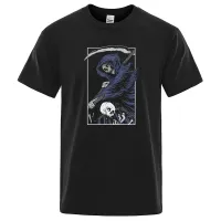 Reaper Death Scythe Chain Skull Rock High Street ropa masculina moda suelta Tops creatividad Casual camiseta patrón suelto