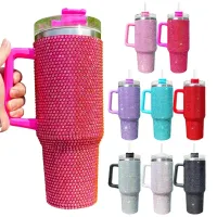 1pc, Cow Print Tumbler With Lid And Straw, 40oz Stainless Steel Thermal  Water Bottle With Handle, Shiny Studded Car Cups, Portable Drinking Cups,  For