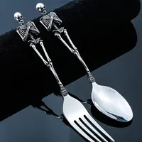 Titanium Steel Skeleton Skull Fork Spoon Tableware Vintage Dinner Table Flatware Cutlery Set Metal Crafts Halloween Party Gifts T2215P