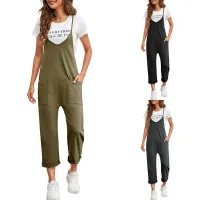 2023 Spring New Women s Casual Pocket Pants Solid Loose Strap Straight Jumpsuit