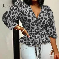 Jocoo Jolee Vintage Leopard Print Lace Up Sashes Tunic Tops Office Lady v Neck Slim Blouse Casual Shats Office ClothingTee