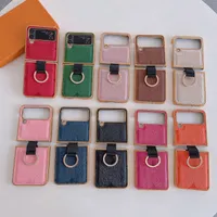 Fashion Flower Letter Designer Phone Case para Samsung Z Flip 4 3 Classic Leather Imprint Back Shell Cases Cubierta galvanizada a prueba de golpes con anillo de dedo