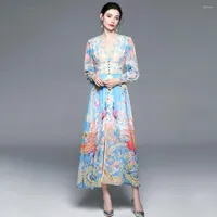 Casual jurken 2023 Fashion Women Holiday Style Flower Drukte lange mouw V-hals met enkele borsten Boheemain Chiffon Vrouwelijke maxi gewaden A1199