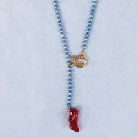 Kolye Kolyeleri Kadın Bildirimi Chokers Boho Collier Lariat En Perles Bleues ve Pendenif Corail Kırmızı Mercan Katmanlı