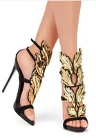 Top marca verano nuevo diseño mujer moda barato oro plata rojo hoja tacón alto Peep Toe vestido sandalias zapatos bombas Women9721310