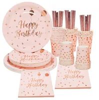 Other Event Party Supplies Happy Birthday Decorations Rose Gold dot Disposable Tableware Paper Plates Cup baby shower Girl Kids Adult Birthday Party Decor 230525