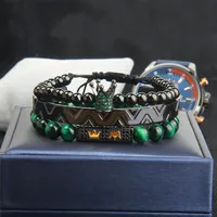 3Pcs Set Crown Bangel Bracelet For Men Green CZ Crown Braiding Bracelet Fashion Stainless Steel Cuff Jewelry283h