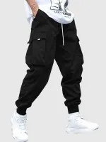 Men S Cargo Pant Solid Mid-Taist Elastic Tooling Broeken Techwear Zitbroek met Flap Pocket Drawing Balk Feet broek