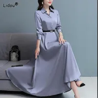 Dresses Elegant Fashion New Office Lady Solid Color Turndown Collar Dresses Empire Long Sleeved Slim Belt Women's Clothing 2022