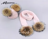 Pom Pom Hat Scarf Women Kids Winter Acrylic Beanies Hats Real Fur Pompon Hat Cap Girl Warm Knitted Solid Pink White Hats Scarves Y6134405