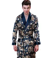Nya sommar satinrockar manliga klädklänning Men039s långärmad sidentryck paern badrock fritid kimono hem män8012929