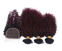 Two Tone 1B99J Wine Red Ombre Kinky Curly Peruvian Virgin Human Hair Weaves 3Bundles With Dark Roots Burgundy Ombre 4x4 Lace Clos5615394