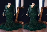 Dark Green V Neck Feather Mermaid Prom Dresses Long Sleeves Reflective Sequins Lace Floor Length Formal Party Evening Gowns5874626