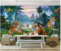 3D po wallpaper custom 3d wall murals wallpaper Rainbow Creek Water Waterfall Forest Big Tiger Group Animal Forest Landscape Oi3610474
