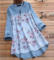 2020 New Women Vintage V Neck Top Autumn Floral Printed Blouse Long Sleeve Shirt Casual Tunic Patchwork Blusa Plus Size M5XL H1233399585