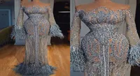 See Through Feathers Sequined Prom Dresses Dubai Illusion Long Sleeve Robe De Soiree Luxury Mermaid Evening Gowns Special Occasion2834905