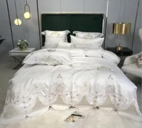 Luxury Europen Jacquard Bedding set 4pcs White Embroidery Bed cover Silky Satin Cotton Princess QuiltDuvet Cover Bedsheet pillowc1086098